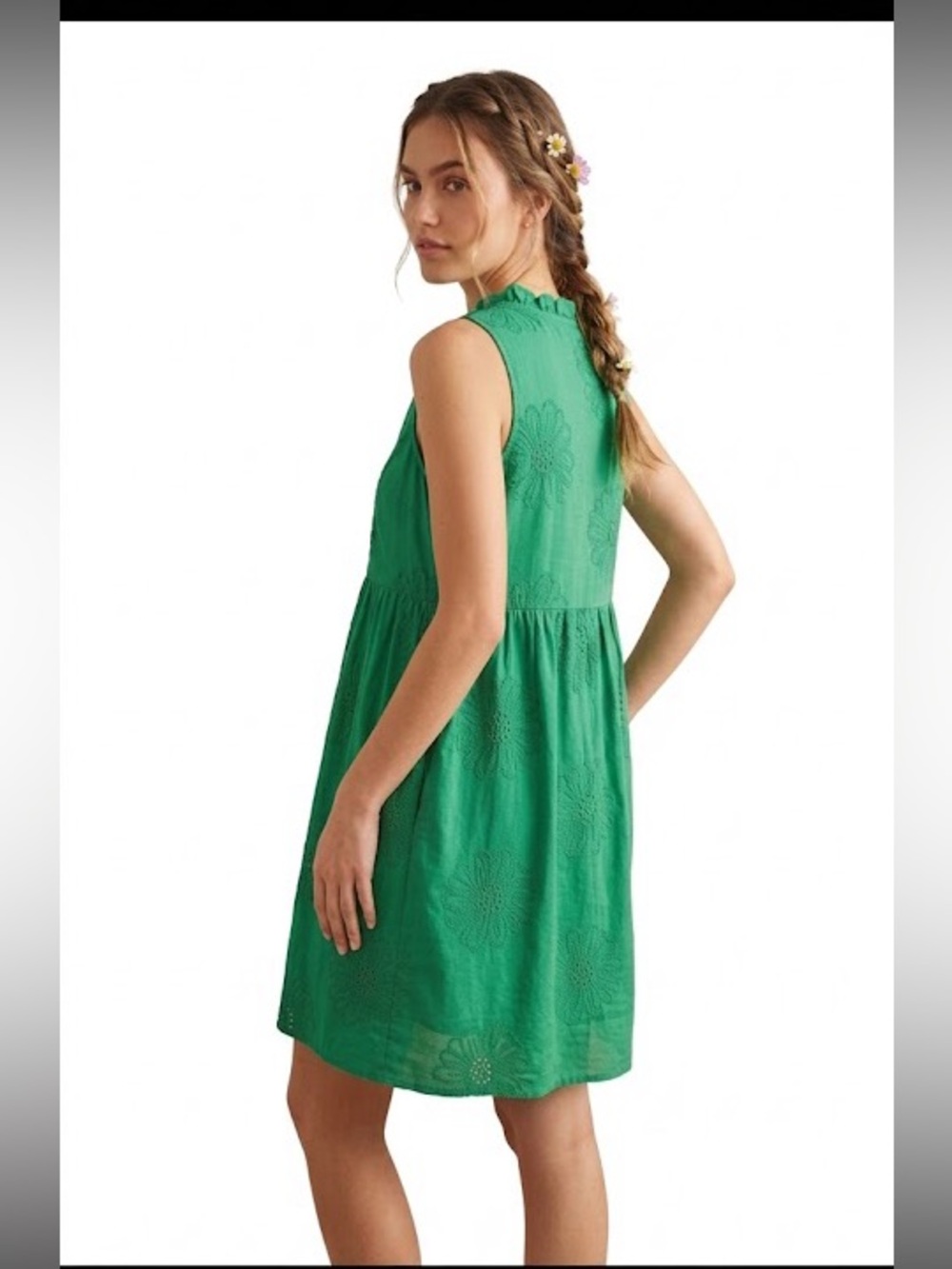 Made in Italy Green Cotton Eyelet Floral Embroidered Mini Dress S